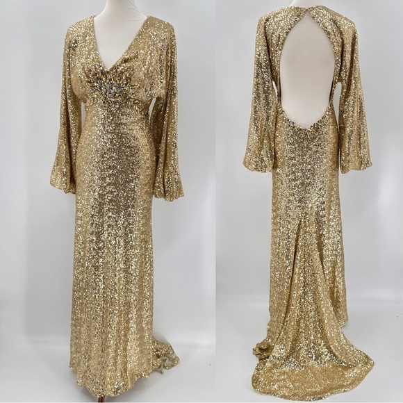 Mac Duggal Gold Sequin Open Back Pageant Prom Evening Gown Dress Size 6 - Picture 2 of 7